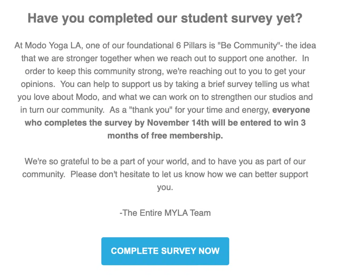 customer satisfaction survey examples - Modo yoga