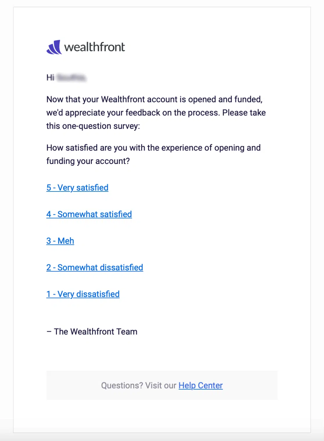 customer satisfaction survey examples - wealthfront 