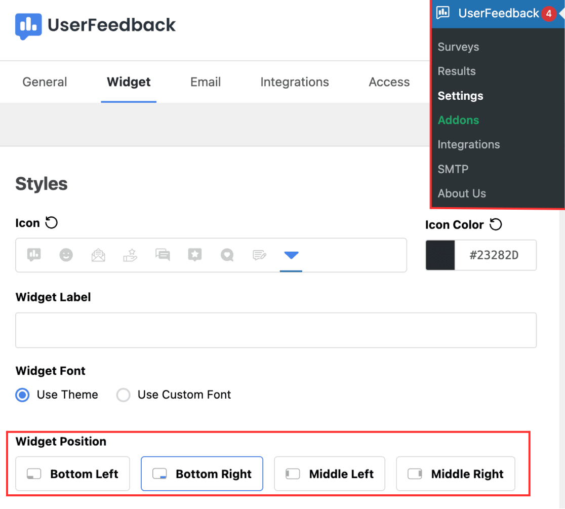 edit widget settings UserFeedback