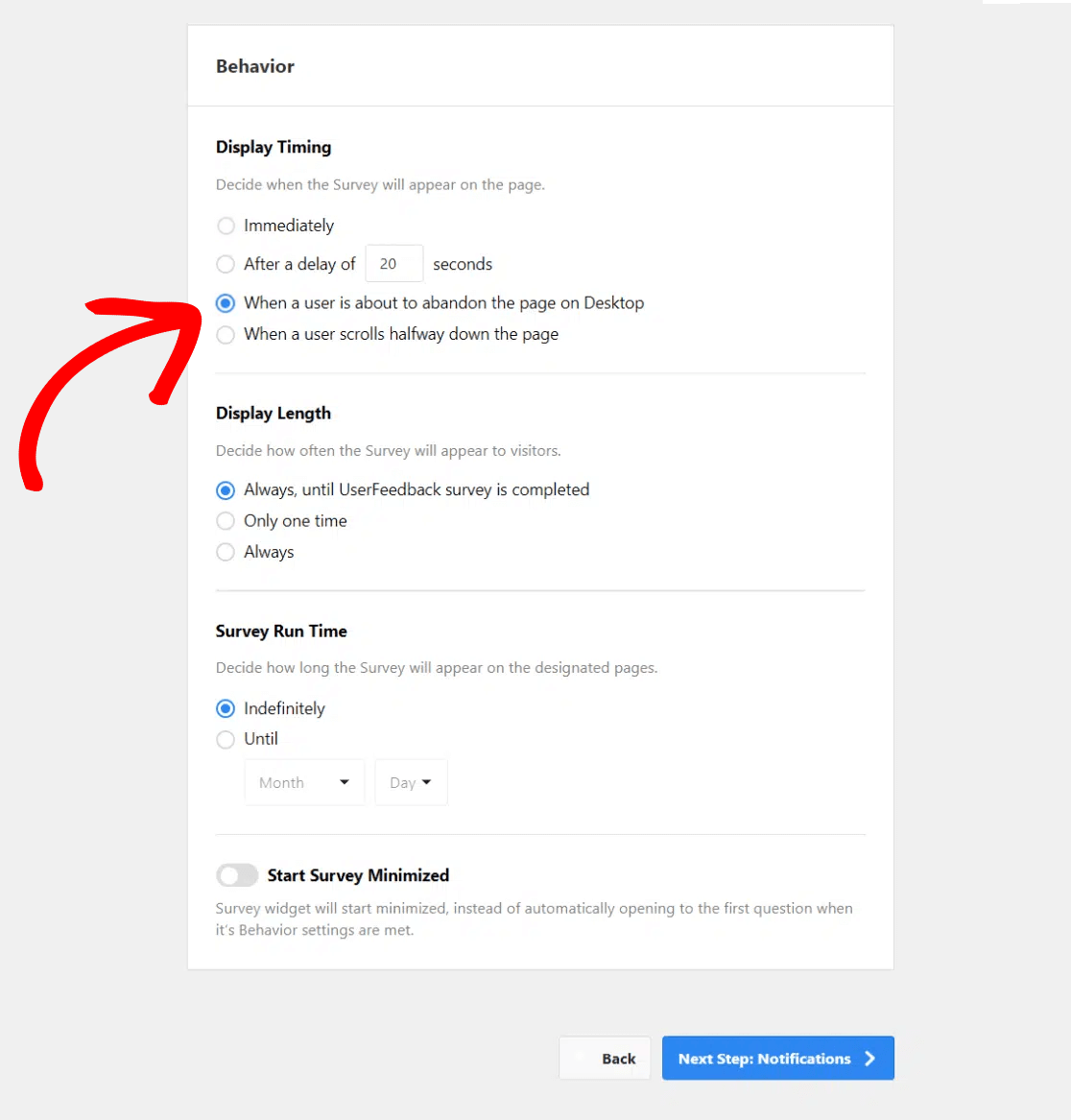 exit-intent survey settings