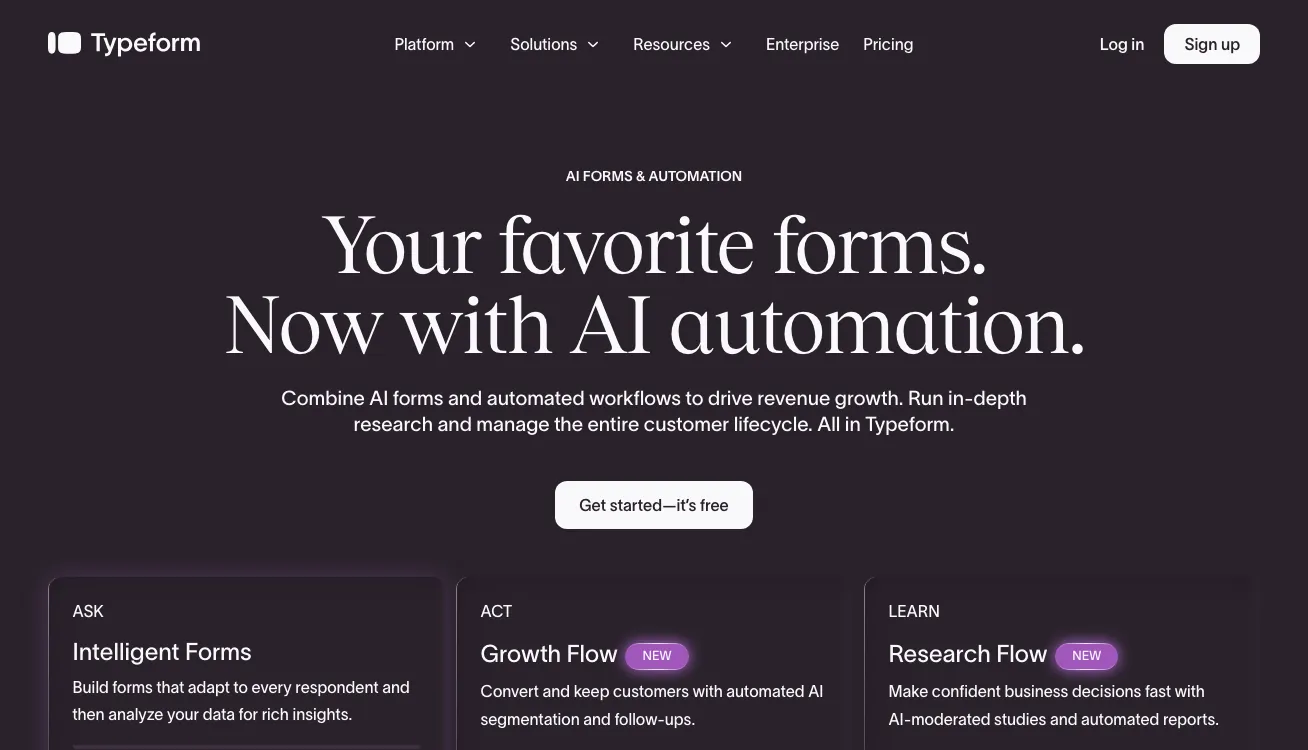 Typeform free online survey creator homepage